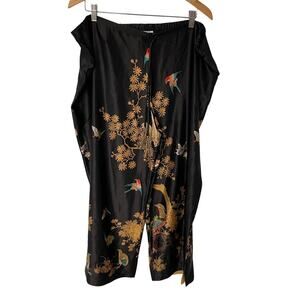 Natori Pajama Pants XL Wide Leg Black Birds Imperial Gold Asian Inspired